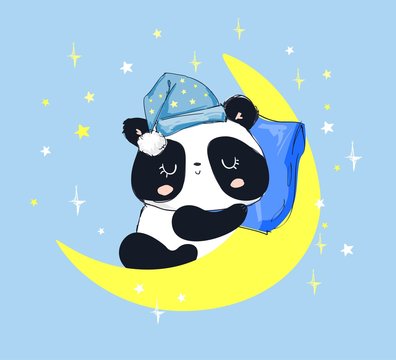 Cute Panda Bear Sleeping on the Moon. children's illustration.