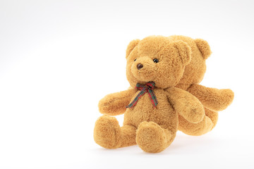 Two bear dolls on white background with copy space