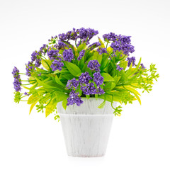 Colorful fake flower handcraft from cloth in vase for decoration, studio shot isolated white background.