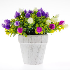 Colorful fake flower handcraft from cloth in vase for decoration, studio shot isolated white background.