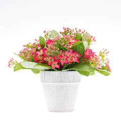 Colorful fake flower handcraft from cloth in vase for decoration, studio shot isolated white background.