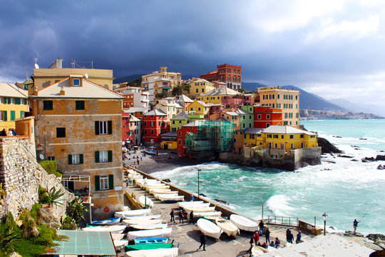 Boccadasse italian village on the sea under a stormy sky