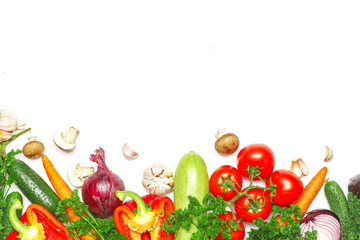 Healthy eating background. Food photography different vegetables on white background. Copy space.