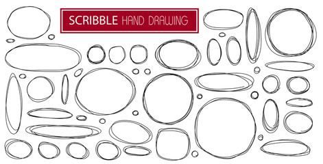 Hand drawn set scribble symbols isolated line circle on white background.
