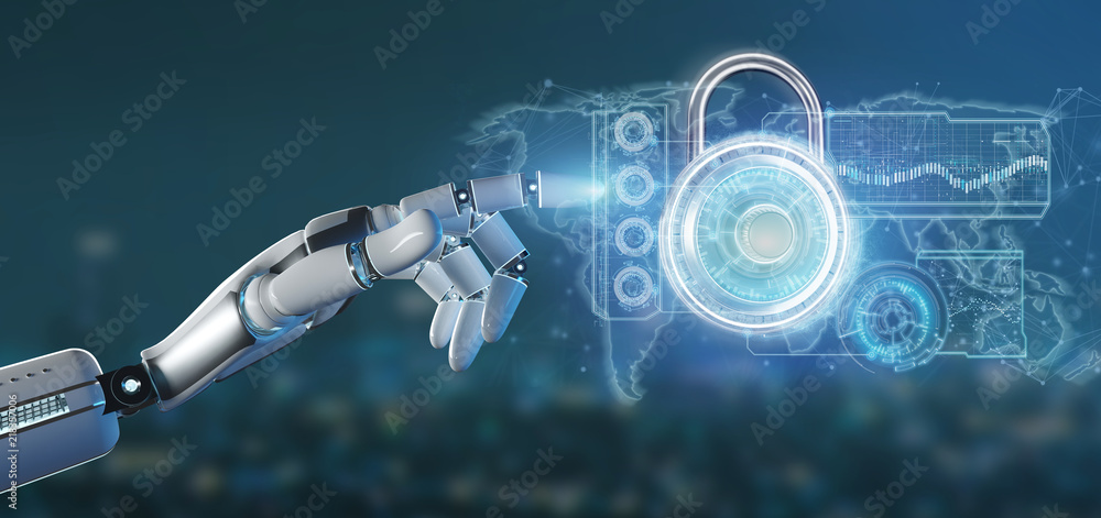 Poster cyborg hand holding a padlock security technology interface 3d rendering