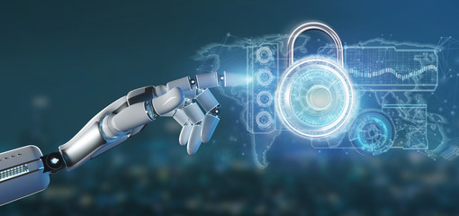 Cyborg hand holding a Padlock security technology interface 3d rendering