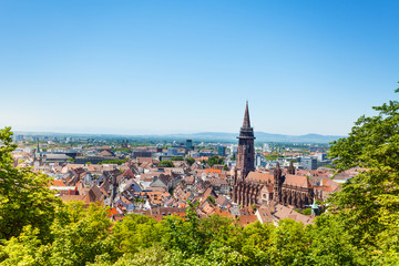 Fototapeta na wymiar Freiburg cityscape with Munster against blue sky