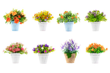 Fototapeta na wymiar Rows of colorful fake flowers on white background, made from cloth and plastic for decoration.