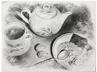 Tea still life with cookies nuts and spoon