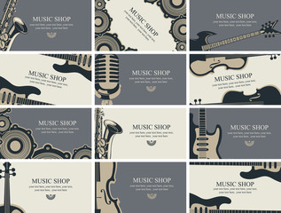 Vector set of twelve horizontal business cards for music shop with musical instruments and other music equipment
