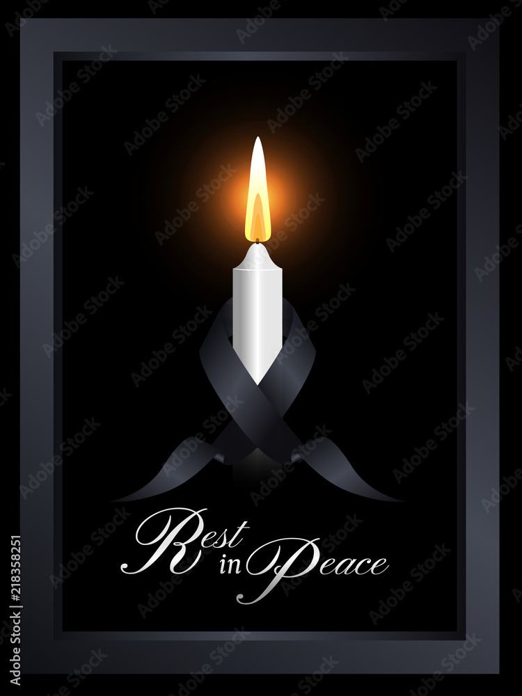 Wall mural mourning symbol with black ribbon around white candle light in frame on black background vector desi