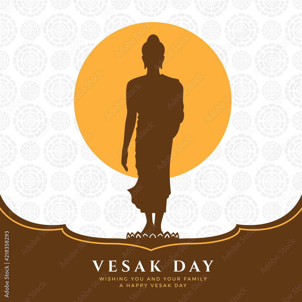 Poster vesak day banner with buddha sign stand up on lotus and full moon on lotus abstract texture backgrou
