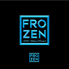 Obraz premium Frozen logo. Blue crystal letters on frame. Frost box logo for frozen food. Geometry lettering on dark background. 