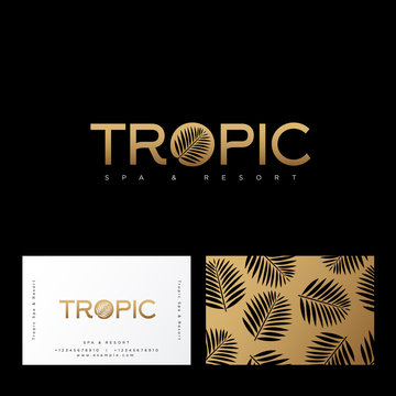 Tropic gold logo. Resort and Spa emblem. O letter with palm leaf.  Identity, business card. Pattern with palm leaves on a gold background.