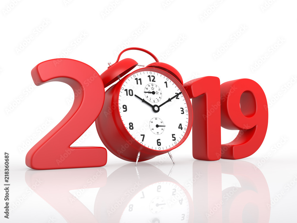 Aufkleber new year 2019 and red alarm clock. 3d rendering