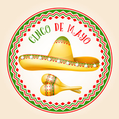 Cinco de Mayo emblem - mexican sombrero and maracas