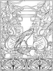 Poster with decorative flowers and carp fish in art nouveau style. Page for the adult coloring book