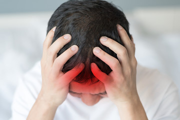 Brain diseases problem cause chronic severe headache migraine. Male adult look tired and stressed out depressed, having mental problem trouble, medical concept - obrazy, fototapety, plakaty