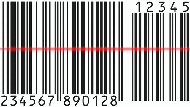 Detailed scanning of a barcode (still), with the scanline light reading the bars.
