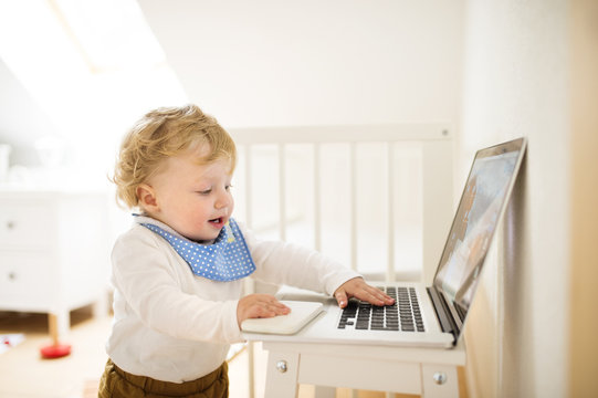 Little boy at home playing with laptop