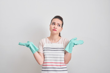 pretty elegant housewife cleaning house long time feeling tired isolated on white background.