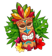 Tiki tribal wooden mask. Hawaiian traditional character. Hawaii - obrazy, fototapety, plakaty