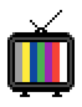 Pixel art: a retro vintage old analog tv, with an external antenna, showing a simple colorful test pattern made of vertical stripes.
