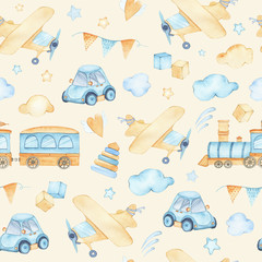 Watercolor seamless pattern with boys toys train airplane car cubes clouds