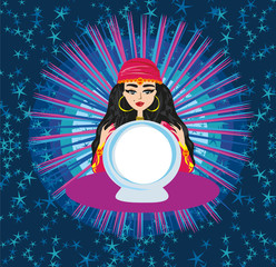 Fortune teller woman reading future on magical crystal ball