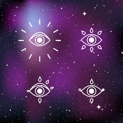 Mystical esoteric symbols. Concept of mystery, magic, witchcraft, alchemy. Star universe background. Vector illustration