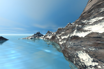 Snowy mountain, a polar landscape, rocks, wonderful sea and a blue sky.
