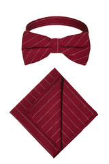 A pinstripe bow tie and matching pocket square isolated on a white background. The burgundy red...