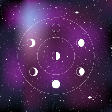 Moon phases. Star universe background. Concept of galaxy, space, cosmos. Vector illustration