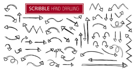 Big set black scribble arrows icons in hand drawn style. Doodle arrow sketch sign and set of hand drawn. Vector illustration on white background
