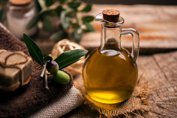 Natural spa with olive oil bar soap and towels