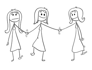 Cartoon stick drawing conceptual illustration of homosexual couple of two lesbian women walking together and holding each others hand. One of them is also holding hand of another woman, probably