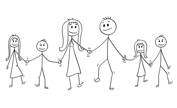 Cartoon stick drawing conceptual illustration of big family. Parents, man and woman and four children, boy and girl are walking while holding hands.