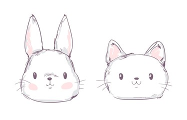 Hand Drawn Cute Rabbit and Cat, Vector Illustration.