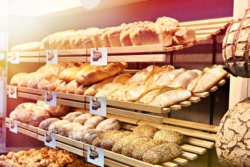 Fresh bread on shelves in bakery