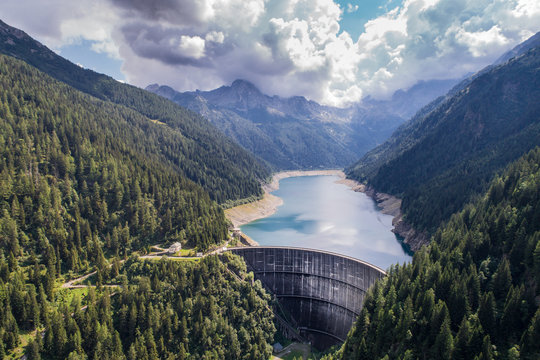 Dam wall of Frera, Val Belviso in Valtellina. Aerial view