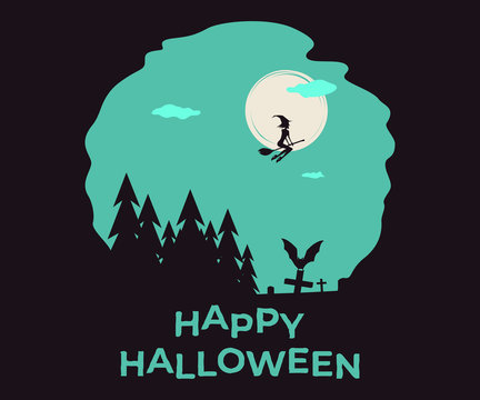 Happy Halloween. Vector double exposure illustration with silhouette and lettering for print, banners or posters.