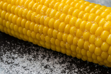 Corn on a dark background with salt close-up