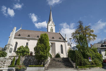 Fototapeta na wymiar panoramic view of the Stadtpfarrkirche church in Hermagor, Carinthia, Austria