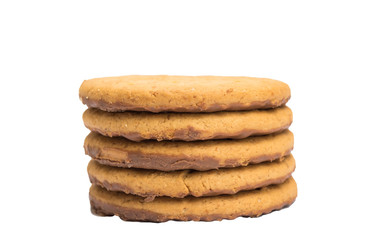 Cookies stacked on a white background.