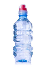 close up of a plastic bottle on white background