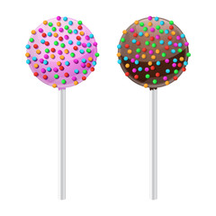 Cake pop. Sweet dessert with chocolate and pink frosting and colored sprinkles