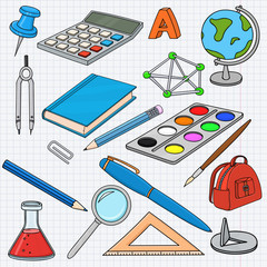 School doodle. Colored set of stationery tools, on lined paper background