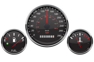 Car dashboard black gauges set. Fuel gauge, speedometer, temperature indicator