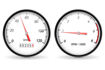 Speedometer and tachometer. White car dashboard gauges