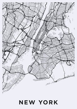 Light New York City map. Road map of New York (United States). Black and white (light) illustration of new york streets. Transport network of the Big Apple. Printable poster format (portrait).